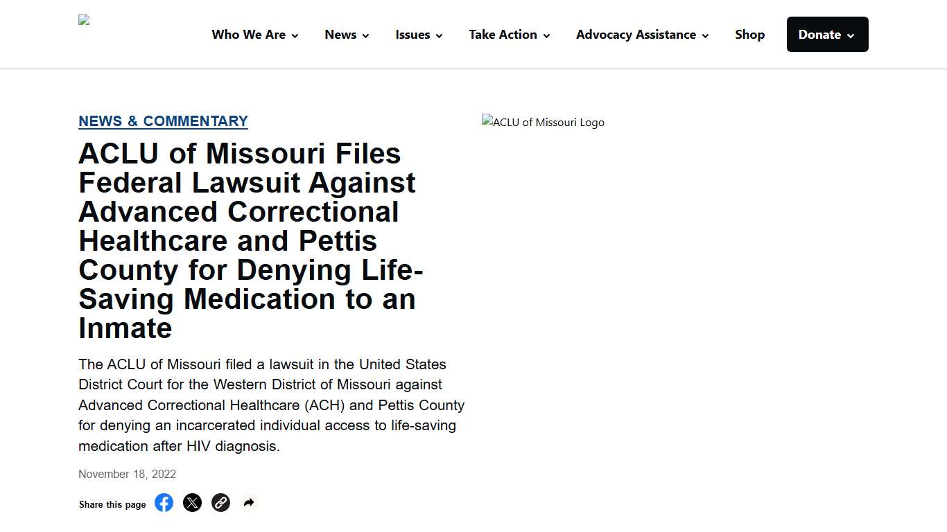 ACLU of Missouri Files Federal Lawsuit Against Advanced Correctional Healthcare and Pettis County for Denying Life-Saving Medication to an Inmate  - ACLU of Missouri